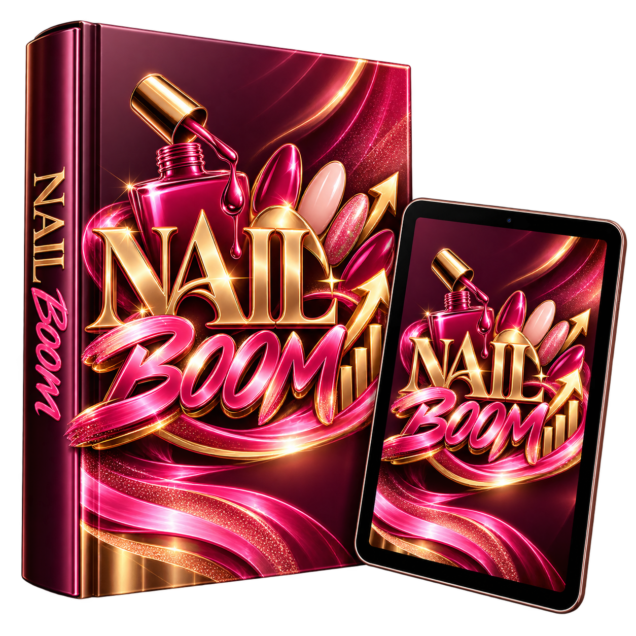 Mockup do método Nail Boom em livro e tablet